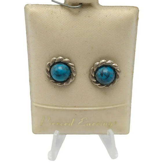 Blue Faux Turquoise Pierced Stud Earrings Butterfly Closure Silver Tone Vintage - Picture 1 of 5